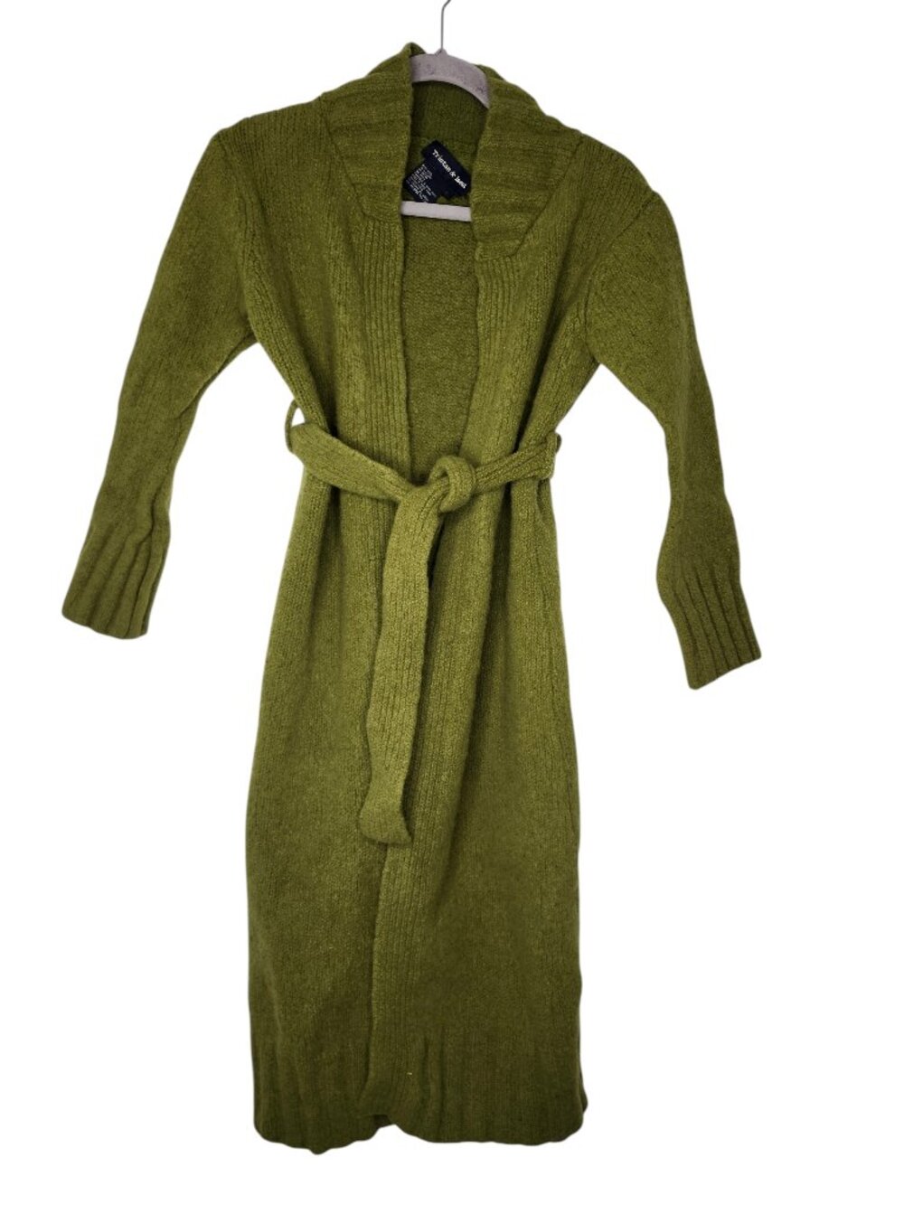 Tristan & Iseut Olive Green Long Duster Cardigan With Tie Size Large Wool